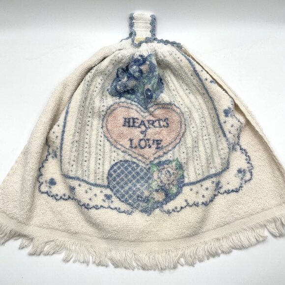 Vintage Crocheted Top Hanging Kitchen Towel Hearts of Love Country Cottage Blue - Picture 1 of 6